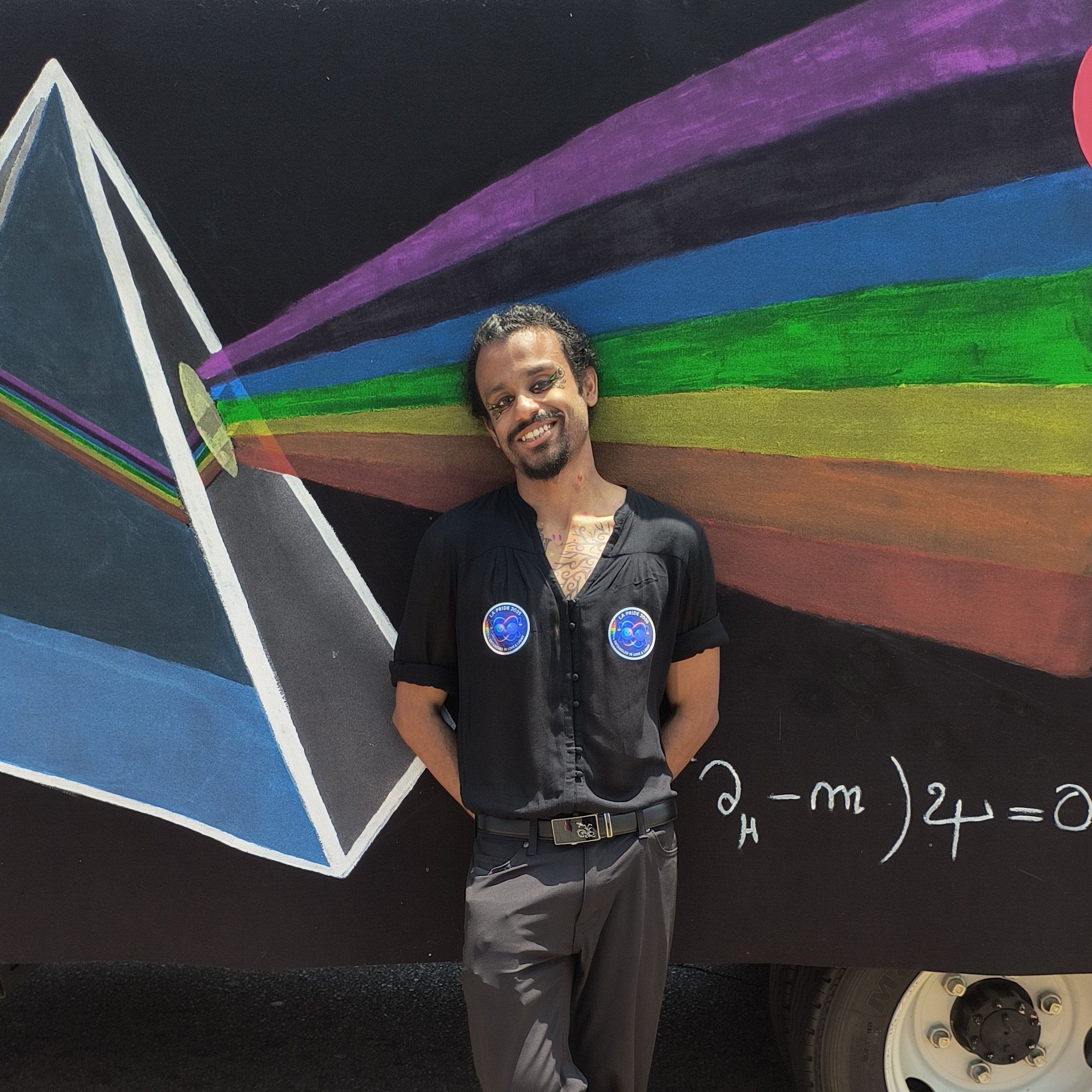 Soham Bhattacharya in front of the Caltech Pride float